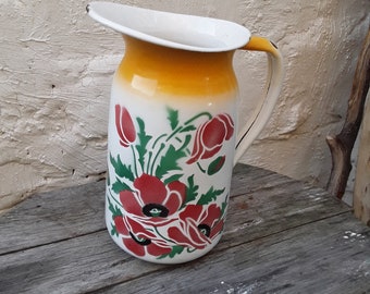 Jarra antigua de esmalte, regadera, decoración de amapolas para salpicaduras, jarrón de esmalte, artículos de esmalte eduardianos, tocador vintage, brocante, decoración de casa de campo