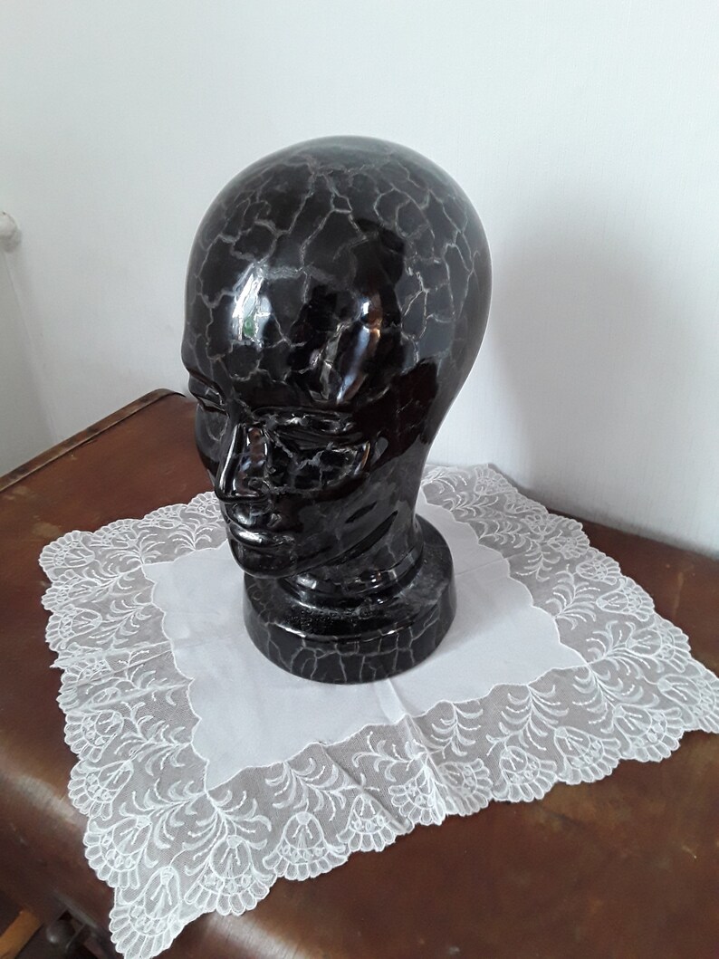 Old SCHEURICH Ceramic Head Headphone Holder Black & Silver Grey Head