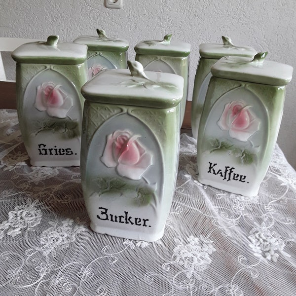 Antike Vorratsdose Zuckerbehälter Porzellandose erhabenes Rosendekor Rosenknospe Küchenbehälter viktorianisch Vintage Brocante Landhausküche