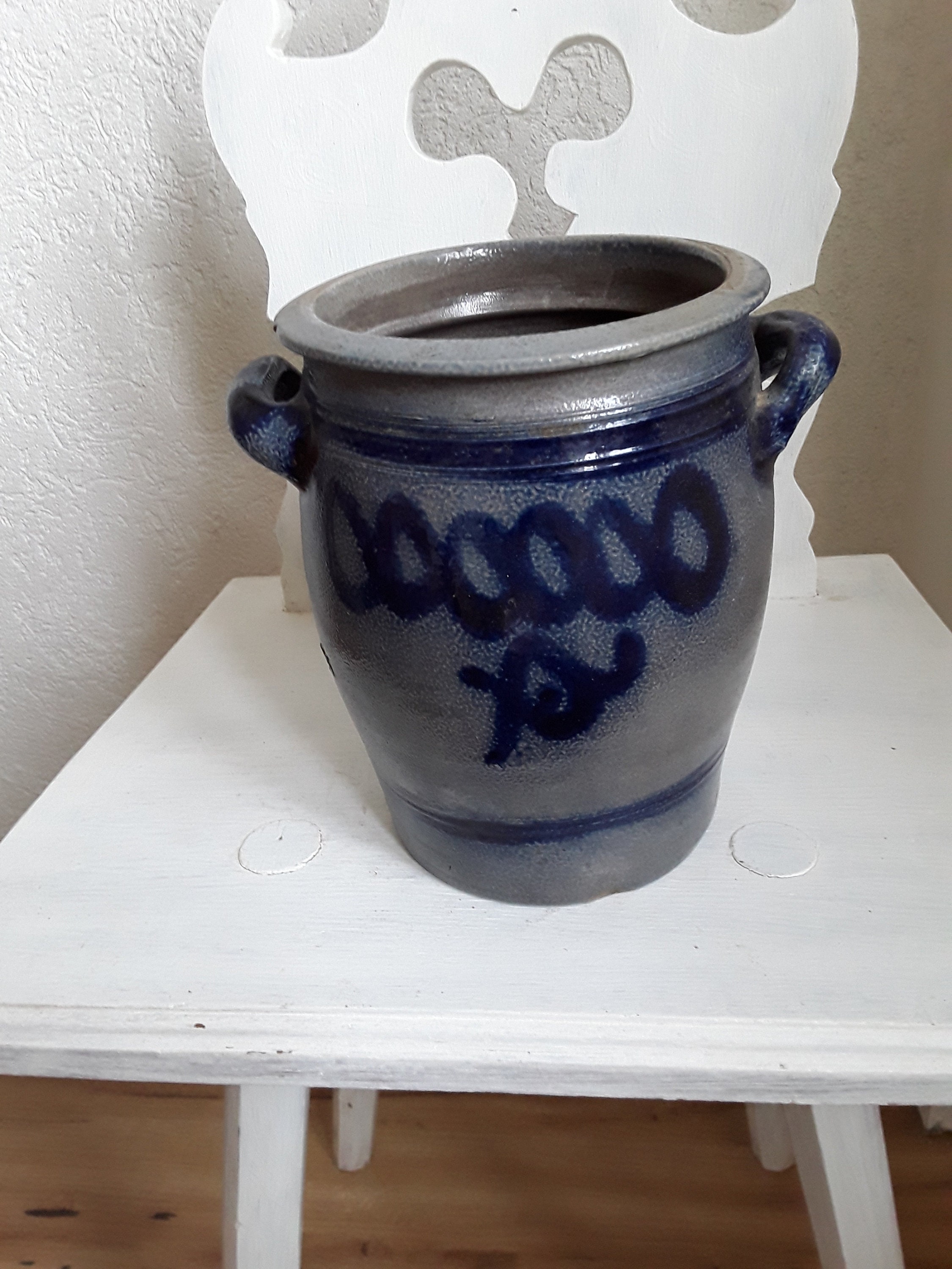Antique stone pot, lard pot, cucumber pot, farmer's jug, salt glaze, cobalt blue, ironstone bowl, canned jug, vintage brocante country house decoration