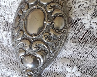 Antique hand mirror rococo mirror silver plated raised relief monogram Victorian French vintage boudoir decoration