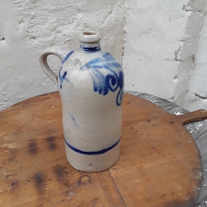 Antique stoneware bottle with handle, Alsace ceramic, salt glaze, cobalt blue decor, pottery, farmhouse decor, vintage brocante, country house decoration