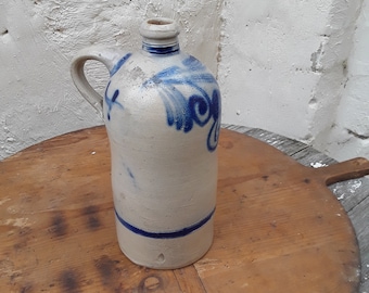 Antique stoneware bottle with handle, Alsace ceramic, salt glaze, cobalt blue decor, pottery, farmhouse decor, vintage brocante, country house decoration