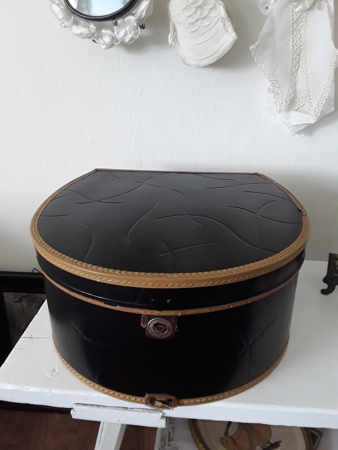 Antique Hat Case Hat Box Hat Box Black & Cognac Leather Travel Etsy