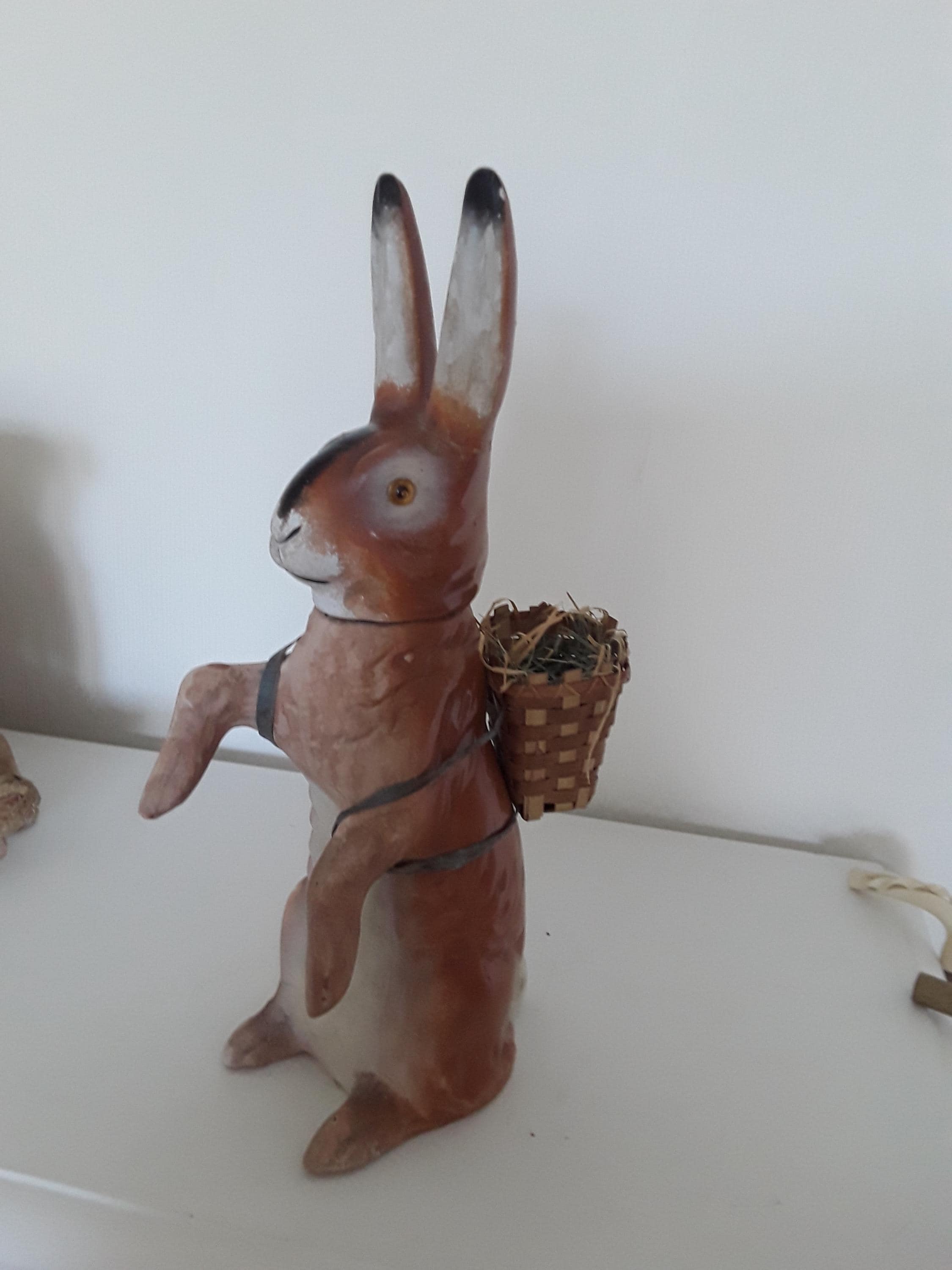 Antique Papier-mâché Easter Bunny Container With Basket and Glass