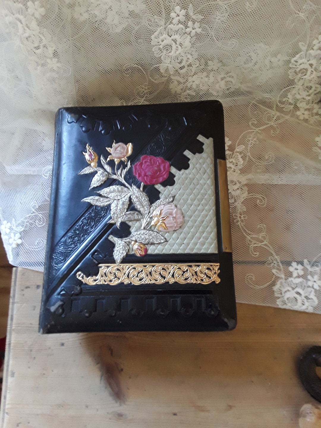 Antique Leather Photo Album Photos Embossed Leather With Fabric