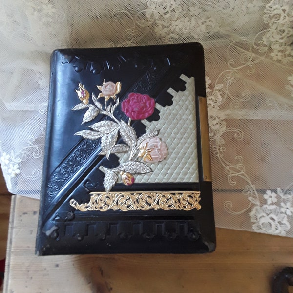 Antique leather photo album & photos embossed leather with fabric applications picture album Victorian French vintage boudoir decoration