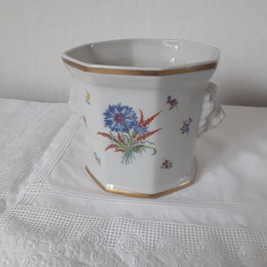 Könnte beinhalten: Weißer Porzellan-Pflanztopf mit sechseckiger Form und goldener Verzierung. Der Topf ist mit einem Blumendesign mit einer blauen Blume und roten und orangefarbenen Stielen verziert. Der Topf hat zwei Löwenkopf-Griffe.