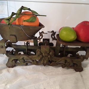 Art Nouveau antique kitchen scales cast iron scales raised floral relief brass bowl beam scales Victorian Vintage Brocante country house decoration