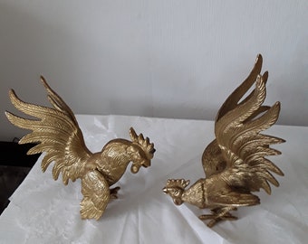 2x old rooster figure fighting cocks made of solid brass rooster sculpture table decoration vintage boudoir decoration