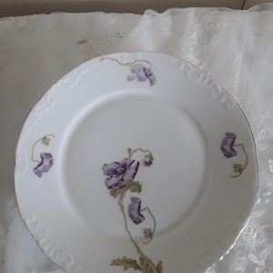 5 antike Speiseteller Porzellanteller mit Irisblumen Dekor Relief Menüteller Speisegeschirr Jugendstil Vintage Brocante Landhaus chic