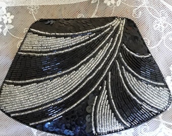 Antique 1930s silk jewelry box black silk sequins & glass bead embroidery silk jewelry box jeweler's box French vintage boudoir