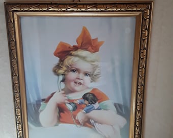 Antikes Bild Kinderbild Lithografie  süßes Mädchen mit Puppe Holzrahmen Relief Rahmen 36 x 46 cm Mädchenbild  Vintage  Boudoir Brocante Deko