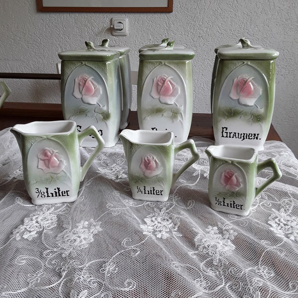 3x antique milk jug measuring cup porcelain jug with rose relief and inscription Kitchenalia Vintage Brocante country house decoration