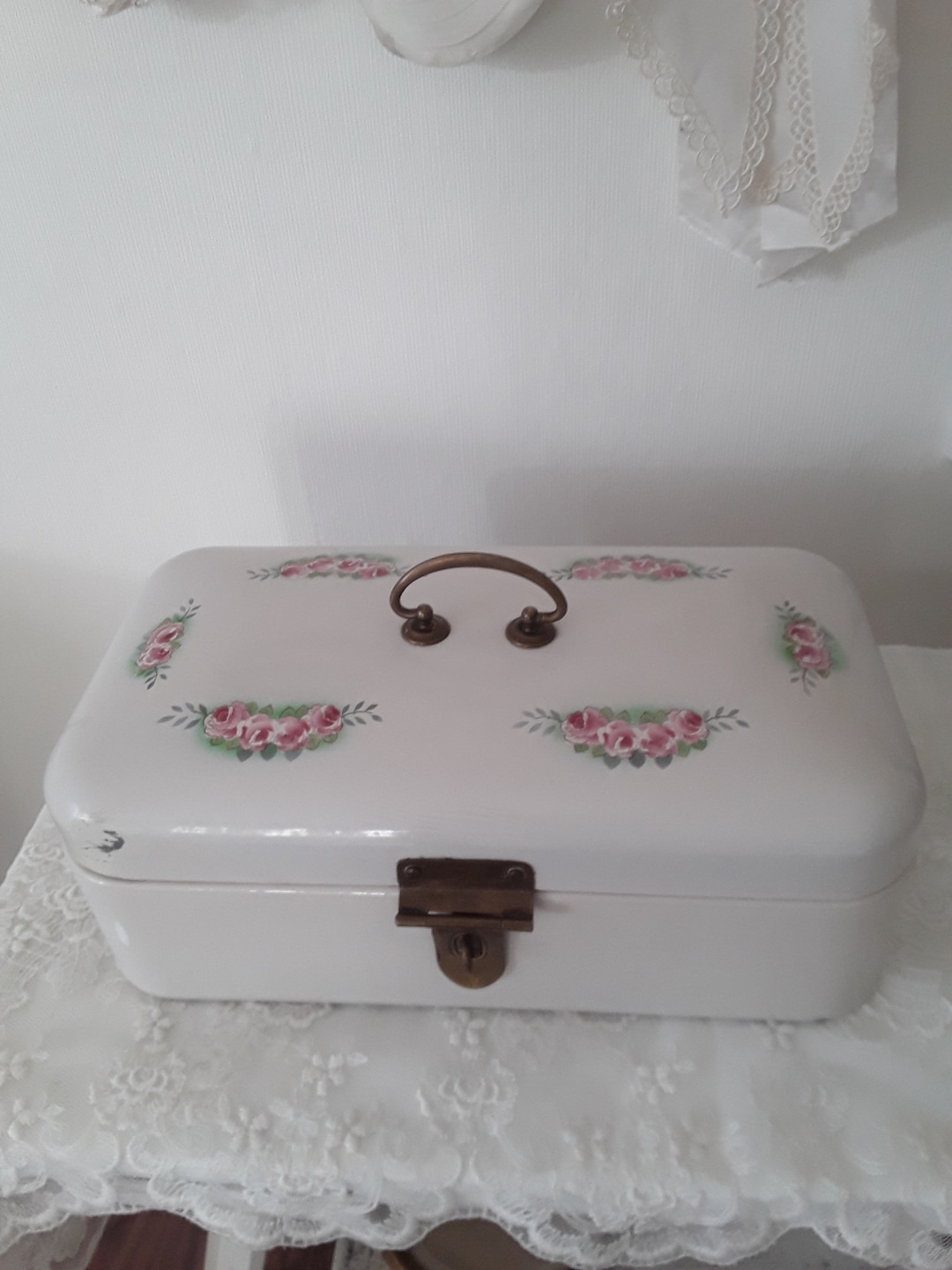 Antique White Bread Bin With Rose Decoration Enamel Bread Box Etsy