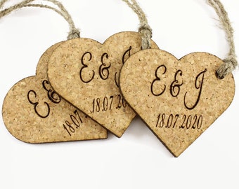 Pack of 10 personalized cork tags. Heart shape tags. Natural cork tags. Tags. Tags for wedding. Cork tags. Custom tags. Personalized tags.