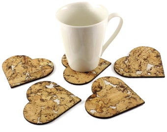 Set of 5 cork coasters. coasters in heart form. heart coasters. white coasters. white color coasters. coasters from cork