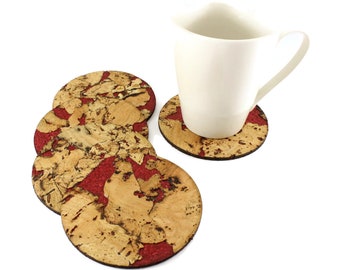 Set of 5 cork coasters.  laser cork coaster set. laser cut coaster set. cork coasters painted. coffee mug coasters cork. red cork coasters