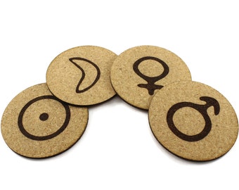 Cork planet coasters. Astrology coasters. Cork coasters. Natural cork coasters. Coasters from cork. Coasters with planet signs.