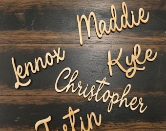 Personalized Wooden Place Cards – Rustic Script Name Signs for Weddings