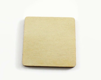 May include: A small, square, wooden blank tag with a smooth, light brown surface.