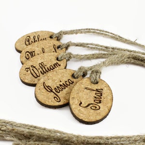Pack of 10 personalized oval  cork tags. Oval tags. Natural cork tags. Tags for wedding. Cork tag.  Tags with different names. Name tags