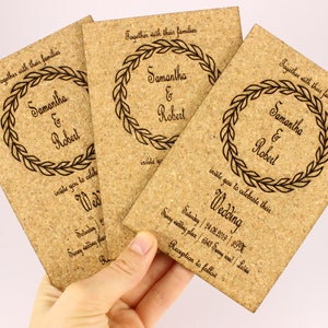 Pack of 5 wedding invitations from cork. Wedding invitations. Wedding invite. Wedding decors from cork. Cork invitations.