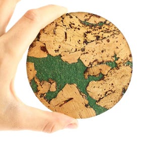 Set of 5 Green Cork Coasters – Modern Round Drink Mats for Home or Office