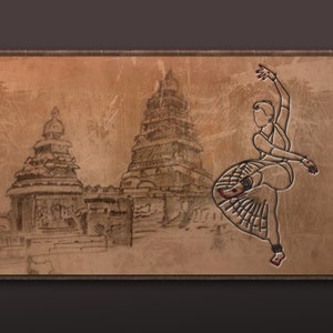Impression d&#39;art Bharatanatyam, pose de danse classique indienne, art mural imprimable, fond rustique Mahabalipuram, contour de danse, téléchargement numérique