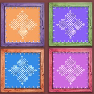 May include: Four framed square artworks with a geometric white design on colorful backgrounds: orange, purple, blue, and pink. Each artwork is framed in a different color wood frame. The background is a solid brown.