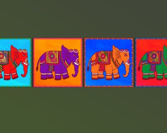 Kalamkari Elephant Art Prints: Colorful Indian Wall Decor (Set of 4) (Digital Download)