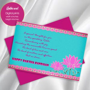 Printable Rakshabandhan Card, Rakhi Wish Card, Pink Lotus Rakhi greetings, For Brother, For Sister, Instant Download