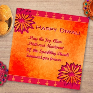 Druckbare Happy Diwali Karte,Diwali Grüße,Brightcolor Diwali Wish, Floral und Diya Motive,Indisches Festival.Insatant Download