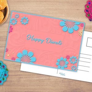 Wydrukuj pocztówkę Diwali, życzenia szczęśliwego Diwali, pocztówka z motywem kwiatowym Diwali, indyjski festiwal, natychmiastowe pobranie