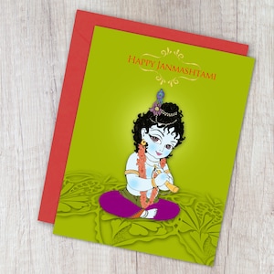 Krishna Janmastami-kaart, afdrukbare gelukkige Janmashtami-kaart, groeten, Indiaas festival, kleine Krishna-kaart, instant download