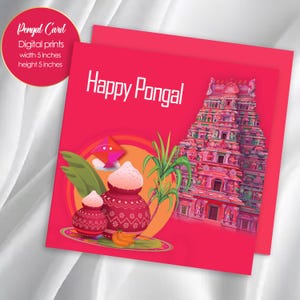 May include: A red greeting card with the text "Happy Pongal" in white. The card features illustrations of a temple, pots, and plants. The card is 5 inches wide and 5 inches high.