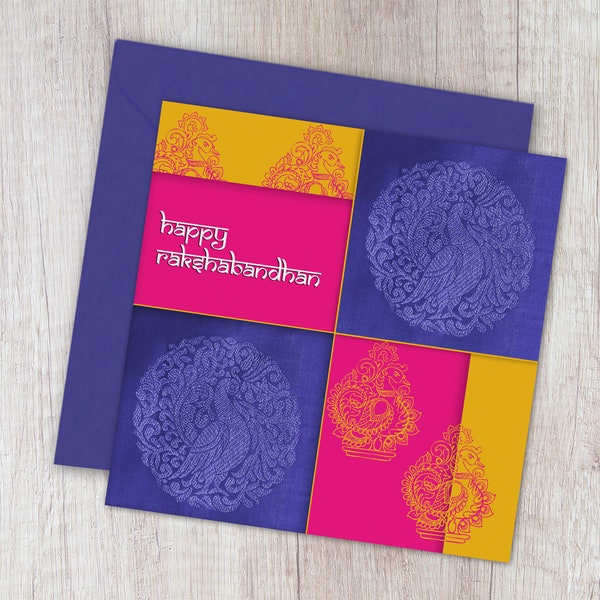 Printable Happy Rakshabandhan, Happy Rakhi Card, Digital Art Rakhi Card,For Brother,For Sister, Peacock motifs, INSTANTDOWNLOAD