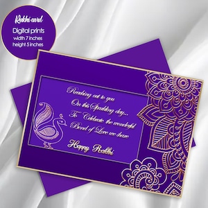 Printable Raksha Bandhan Card,Traditional Peacock and Floral Motifs, For Brother and Sister, Purple and Golden Card, Rakhi Day