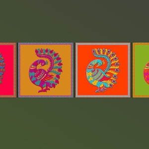Printable Kalamkari Art,Set Of 4 Peacock Kalamkari Wall Art, Colorful Indian Art, Peacock Motif with Border,Instant Download