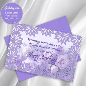 Cartão de aniversário, Cartão de aniversário floral para impressão, Arte digital com flores roxas em relevo, Saudações de aniversário, Download instantâneo.
