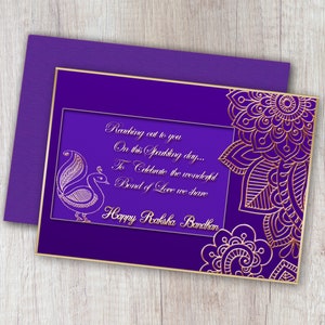 Carta Raksha Bandhan stampabile, pavone tradizionale e motivi floreali, per fratello e sorella, carta viola e d'oro, Rakhi Day