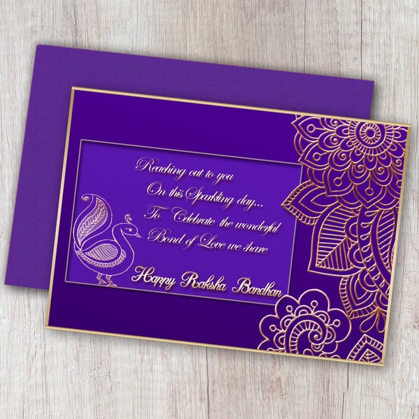 Printable Raksha Bandhan Card,Traditional Peacock and Floral Motifs, For Brother and Sister, Purple and Golden Card, Rakhi Day