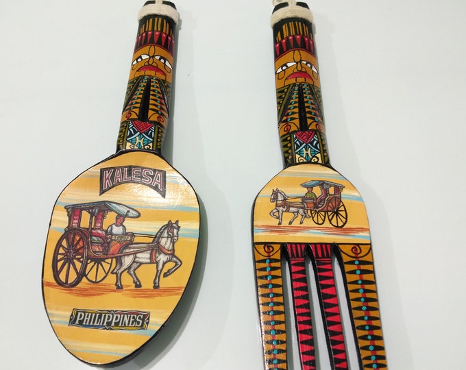 Wooden Spoon and Fork Made in Philippines, Large Hand Painted Wooden Spoon and Fork Wall Decor