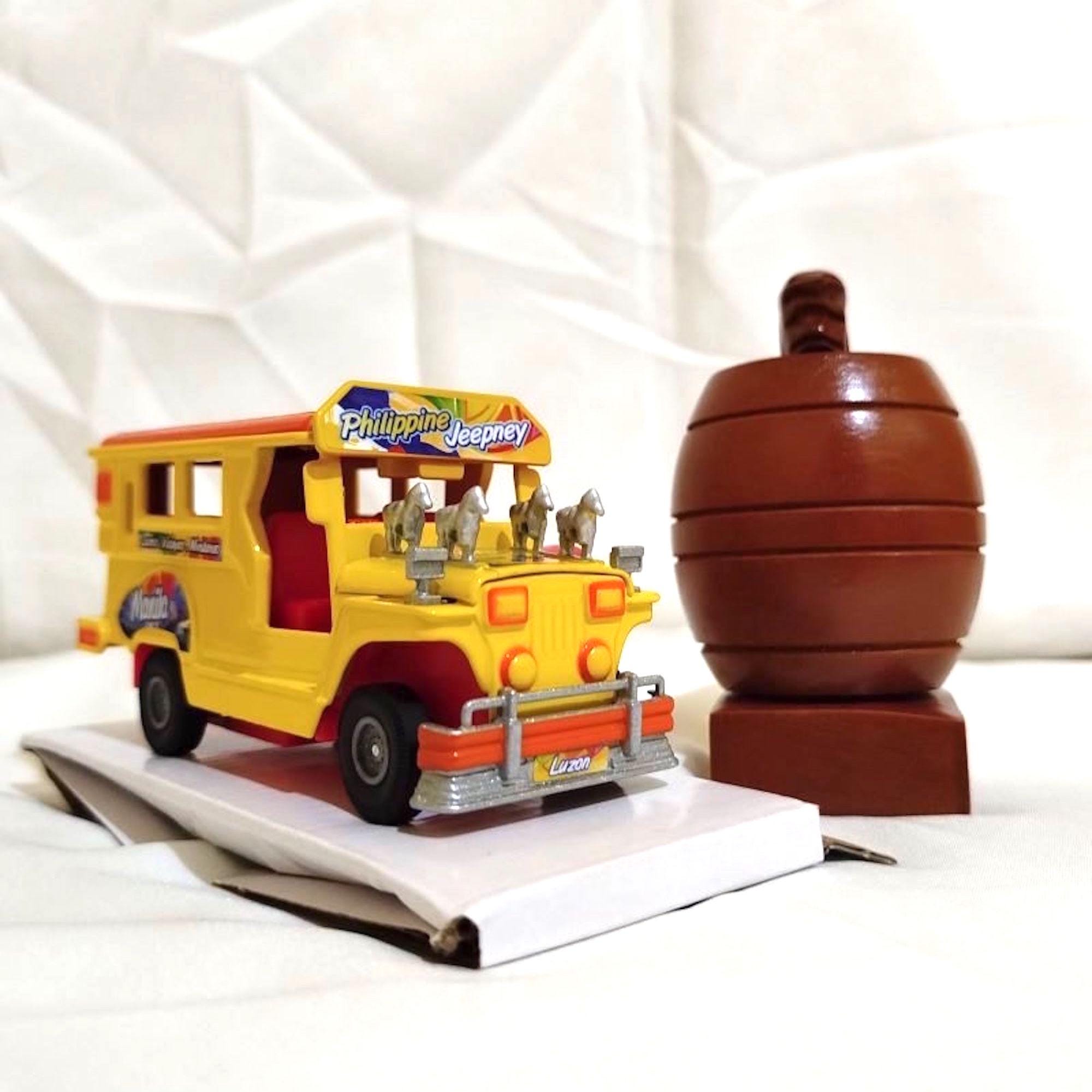 Yellow Medium Size Jeepney Die-cast Metal Toy and Small Barrel Man
