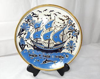 Vintage Ancient Greek Sailing Ship Surrounded with Fish and Birds Plate by Neofitoy Keramik Fauraki Rodos, 1970s Collectible Plate