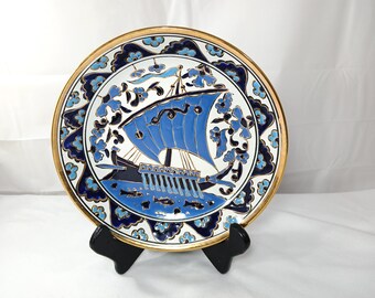 Vintage Ancient Greek Sailing Ship Surrounded with Fish Handpainted in Plate by Neofitoy Keramik Fauraki Rodos, 1970s Collectible Plate