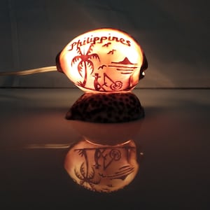Puede incluir: Lámpara de concha brillante con la palabra "Philippines" grabada en la superficie. La lámpara presenta una escena de playa con una palmera, un ciclista y pájaros. La lámpara se asienta sobre una base moteada y está enchufada con un cable blanco.