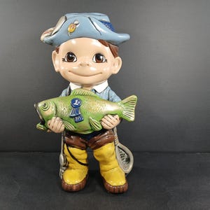 ceramics of little boy holding a fish pole for outdoors Design Toscano Frederic the Fisherman Avignon Fishing Garden Statue, 15 Inch Tall, Cast Stone Resin, Two Tone Stone Finish : Office Products ANTIQUE GERMANY PORCELAIN BOY FISHING