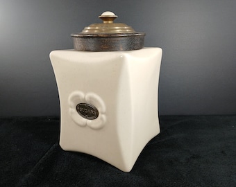 Vintage Beige Heavy Ceramic Canister Storage with Wooden Lid and Sugar Label, Collectible Decorative Lidded Container Jar