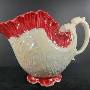 Vintage Seashell Design White and Red Glossy Pitcher with Seahorse Handle, Decorative Multipurpose Nautical Ocean Theme Fancy Home Decor